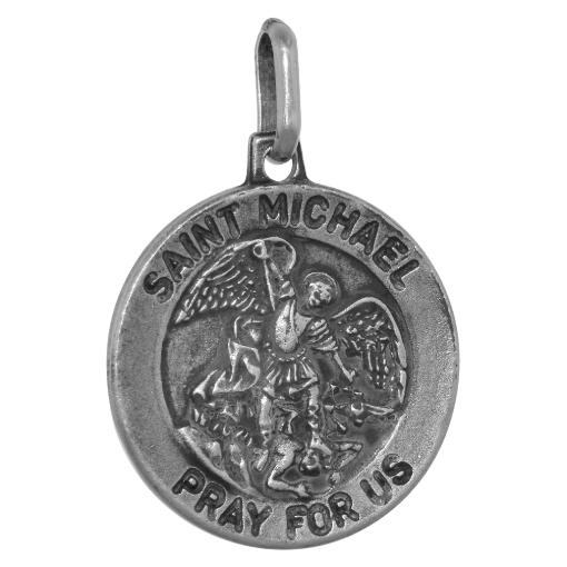 Picture of 3/4 inch Oxidized Finish Sterling Silver St Michael Medal Necklace for Men and Women 18mm Round Nickel Free Italy