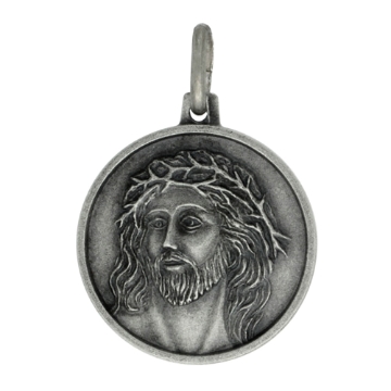 Picture of 18mm Sterling Silver Jesus Crown of Thorns Medal Necklace 3/4 inch Round Antiqued Finish Nickel Free Italy