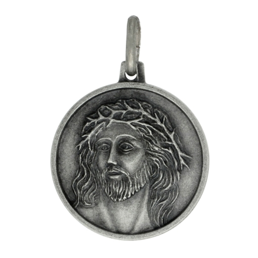 Picture of 18mm Sterling Silver Jesus Crown of Thorns Medal Necklace 3/4 inch Round Antiqued Finish Nickel Free Italy