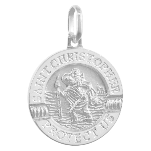 Picture of 18mm Scalopped Sterling Silver St Christopher Medal Necklace 3/4 inch Nickel Free Italy