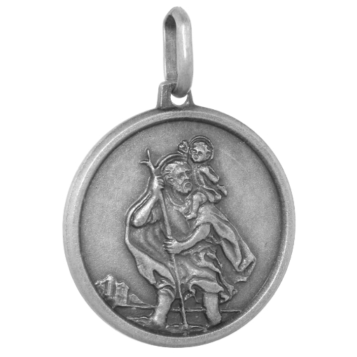 Picture of 18mm Sterling Silver Road Trip St Christopher Medal Necklace 3/4 inch Round Antiqued Finish Nickel Free Italy