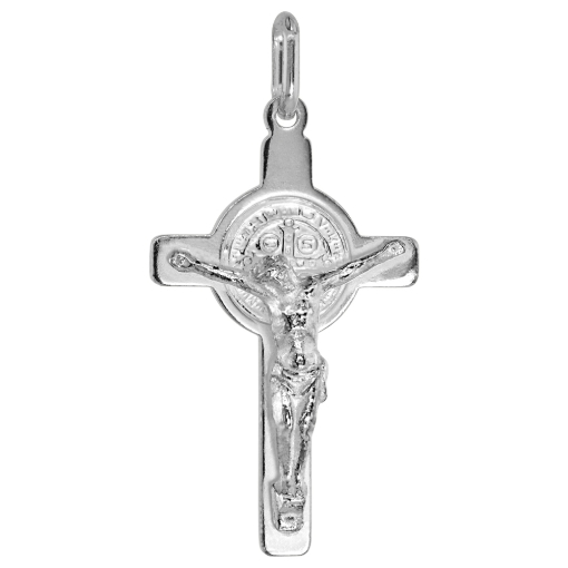 Picture of 29mm 1 1/4 inch Silver St Benedict Crucifix Necklace for Women and Men High Polish Italy 1.8mm Curb Chain