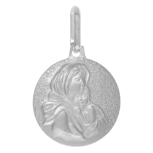 Picture of 15mm Sterling Silver Blessed Mother christ Medal Necklace for Women & Men 5/8 inch Round Sandstone finish Italy 16-30 inch