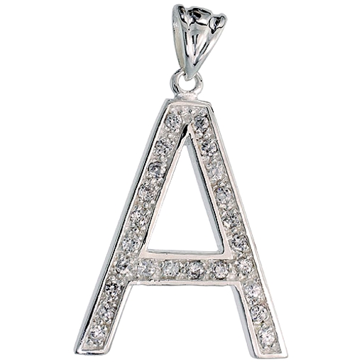 Picture of Sterling Silver Cubic Zirconia Block Initial Letter A Alphabet Pendant Large 1 5/8 inch