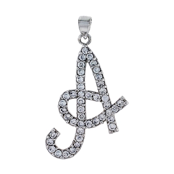 Picture of Sterling Silver Script Initial Letter A Alphabet Pendant with Cubic Zirconia Stones 1 3/8 inch high