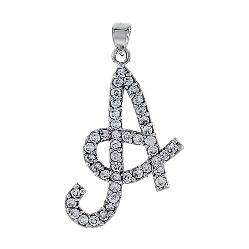 Picture of Sterling Silver Script Initial Letter A Alphabet Pendant with Cubic Zirconia Stones 1 3/8 inch high