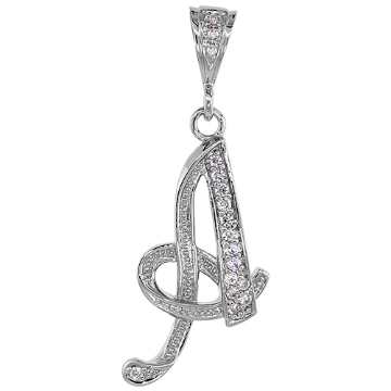 Picture of Sterling Silver Large Script Initial Letter A Pendant w/ Cubic Zirconia Stones 1 1/2 inch high