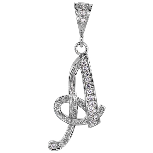 Picture of Sterling Silver Large Script Initial Letter A Pendant w/ Cubic Zirconia Stones 1 1/2 inch high