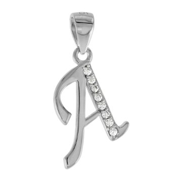 Picture of Very Small Sterling Silver CZ Stylized Block Initial A to Z Pendant for Women Rhodium Finish 3/8 inch