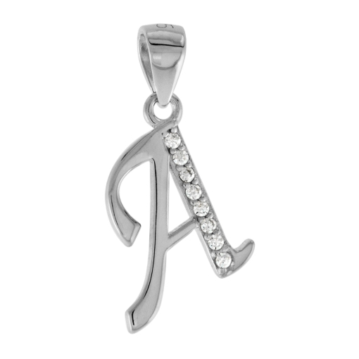 Picture of Very Small Sterling Silver CZ Stylized Block Initial A to Z Pendant for Women Rhodium Finish 3/8 inch
