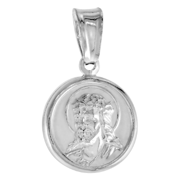 Picture of 1/2 inch Small Sterling Silver Jesus Christ with Crown of Thorns Medal Necklace for Women Italy Polished 13mm Round available with or without chain