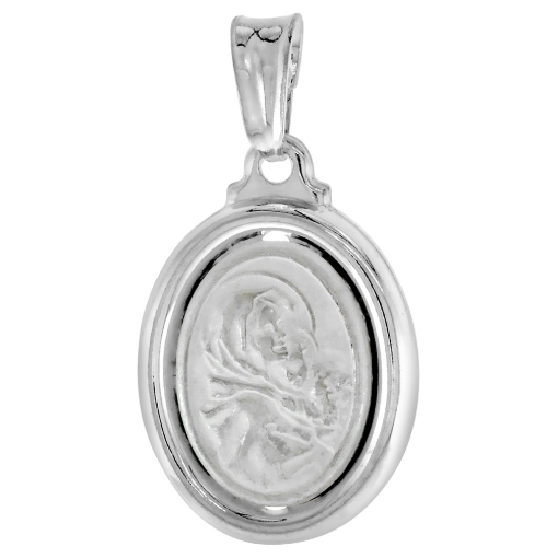 Picture of 3/4 inch Sterling Silver Oval Mother Mary Jesus Medal Necklace for Women and Men Stamped Open Back Italy 19 mm Tall available with or without chain