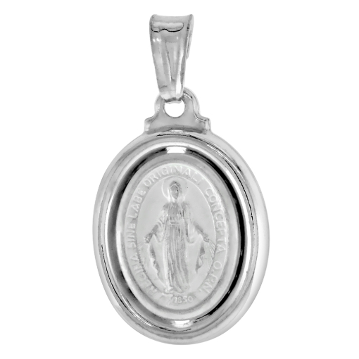 Picture of 3/4 inch Sterling Silver Oval Miraculous Medal Necklace for Women and Men Necklace Oval Virgin Mary Stamped Open Back Italy available with or without chain