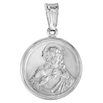 Picture of 3/4 inch Sterling Silver Double Sided Sacred Heart and Mother Mary and Jesus Medal Necklace Polished Italy 18mm Round available with or without chain