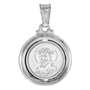 Picture of 5/8 inch Sterling Silver Jesus with Thorns Medal Necklace for Women and Men Stamped Open Back Italy 17mm Round available with or without chain