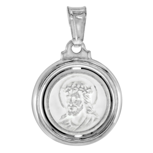 Picture of 5/8 inch Sterling Silver Jesus with Thorns Medal Necklace for Women and Men Stamped Open Back Italy 17mm Round available with or without chain