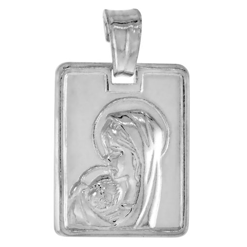 Picture of 3/4 inch Sterling Silver Rectangular Virgin Mary & Jesus Medal Necklace for Women and Men Italy 18 mm Tall available with or without chain