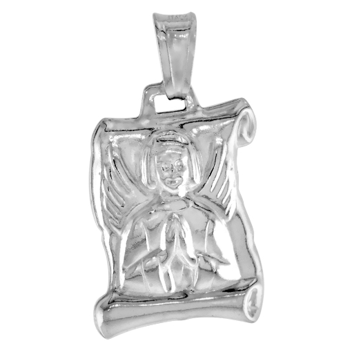Picture of 3/4 inch Sterling Silver Guardian Angel on Embossed on Scroll Necklace for Women and Men Italy 19mm Tall available with or without chain