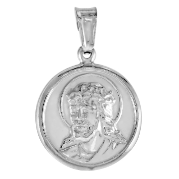 Picture of 3/4 inch Sterling Silver Jesus Christ with Crown of Thorns Medal Necklace Polished Italy 18mm Round available with or without chain