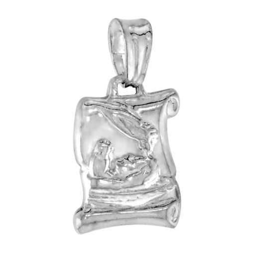 Picture of 5/8 inch Sterling Silver Baptismal Certificate Scroll Pendant Necklace for Women Italy 15mm Tall available with or without chain