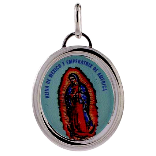 Picture of 2 Sizes Sterling Silver Lady of Guadalupe Medal Pendant with Color Print Image Italy