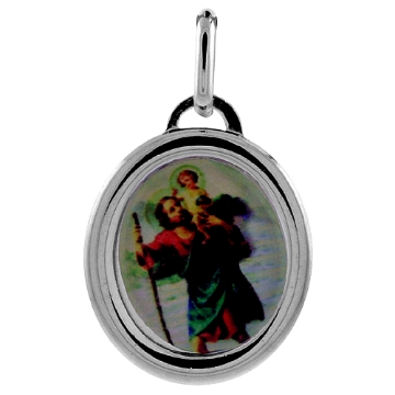 Picture of 2 sizes Sterling Silver Saint St Christopher Medal Pendant with Color Print Image Italy