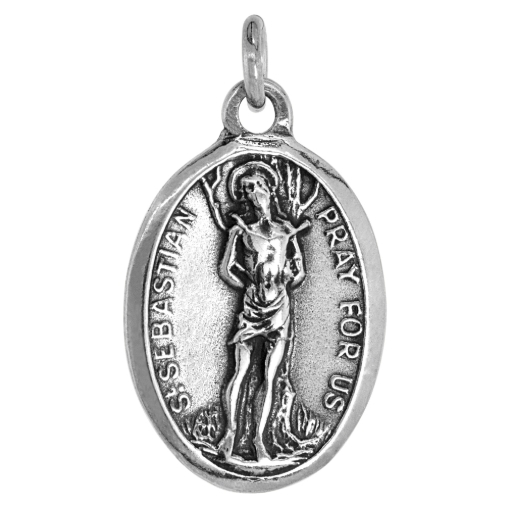 Picture of Sterling Silver St Sebastian Medal Necklace Oxidized finish Oval 1.8mm Chain