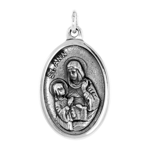 Picture of 7/8 inch Sterling Silver St Ann Medal Necklace Oxidized finish Oval 1.8mm Chain