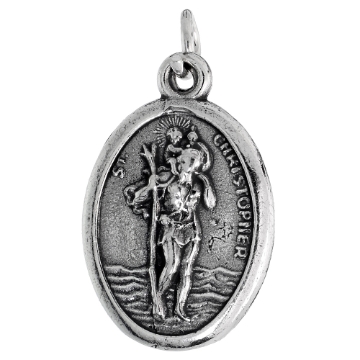Picture of Sterling Silver St Christopher Medal Necklace Oxidized finish Oval 1.8mm Chain