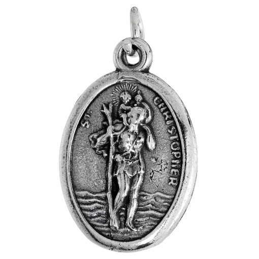 Picture of Sterling Silver St Christopher Medal Necklace Oxidized finish Oval 1.8mm Chain