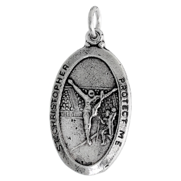 Picture of Sterling Silver St Christopher Medal Necklace Oxidized finish for Gymnasts Oval 1.8mm Chain