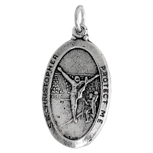 Picture of Sterling Silver St Christopher Medal Necklace Oxidized finish for Gymnasts Oval 1.8mm Chain