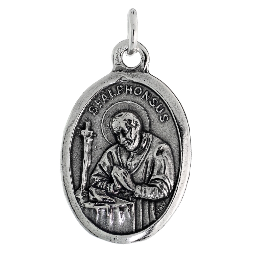 Picture of Sterling Silver St Alphonsus Medal Necklace Oxidized finish Oval 1.8mm Chain