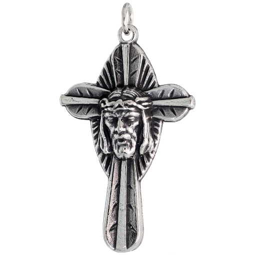 Picture of 1.5 inch (43mm) Sterling Silver Jesus Crown of Thorns Palm Leaf Crucifix Pendant Oxidized finish available with or w/o Chain