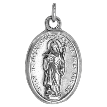 Picture of Sterling Silver St Scholastica Medal Necklace Double Sided Sacred Heart Back Oxidized finish Oval 1.8mm Chain