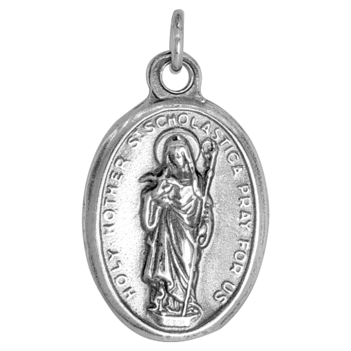 Picture of Sterling Silver St Scholastica Medal Necklace Double Sided Sacred Heart Back Oxidized finish Oval 1.8mm Chain