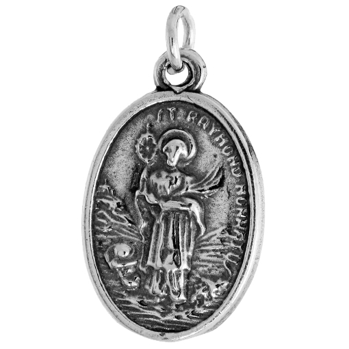Picture of Sterling Silver St Raymond Nonnatus Medal Necklace Oxidized finish Oval 1.8mm Chain
