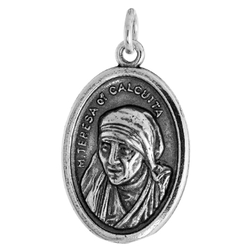 Picture of Sterling Silver Mother Teresa Medal Necklace Oxidized finish Oval 1.8mm Chain