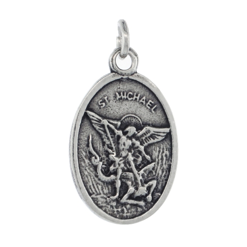 Picture of Sterling Silver St Michael Medal Necklace Oxidized finish Oval 1.8mm Chain