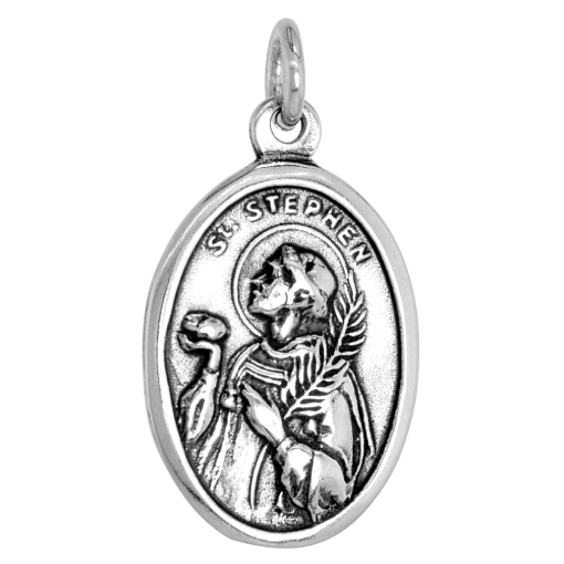 Picture of Sterling Silver St Stephen Medal Necklace Oxidized finish Oval 1.8mm Chain