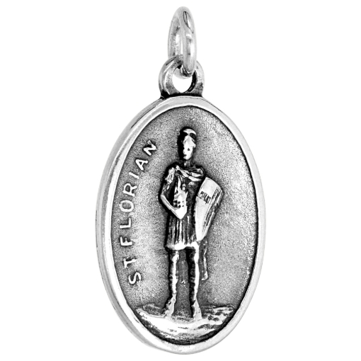 Picture of Sterling Silver St Florian Medal Necklace Oxidized finish Oval 1.8mm Chain