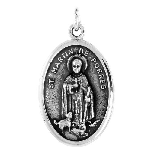 Picture of Sterling Silver St Martin de Porres Medal Necklace Oxidized finish Oval 1.8mm Chain