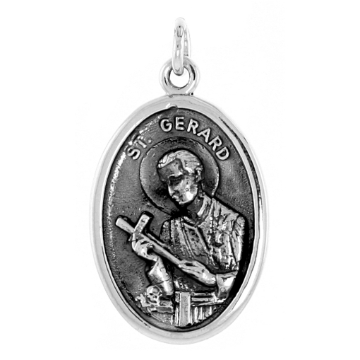 Picture of Sterling Silver St Gerard Medal Necklace Oxidized finish Oval 1.8mm Chain