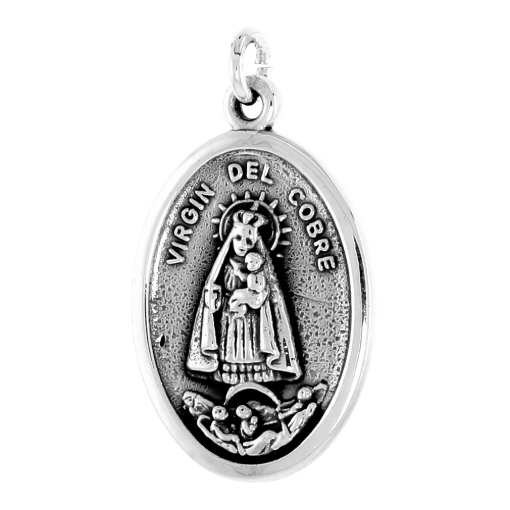 Picture of Sterling Silver Virgin Del Cobre Medal Necklace Oxidized finish Oval 1.8mm Chain