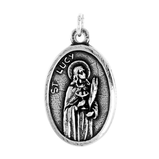 Picture of Sterling Silver St Lucy and Sacred Heart Medal Necklace Oxidized finish Oval 1.8mm Chain