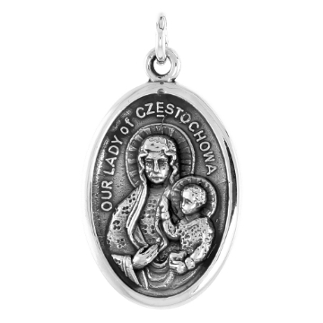 Picture of Sterling Silver Our Lady of Czestochowa Medal Necklace Oxidized finish Oval 1.8mm Chain