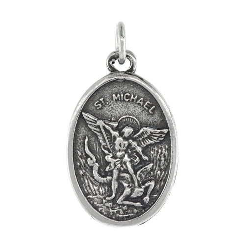Picture of Sterling Silver St Michael Medal Necklace Oxidized finish Oval 1.8mm Chain