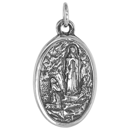 Picture of Sterling Silver St Bernadette and Ascension of Virgin Mary Medal Necklace Oxidized finish Oval 1.8mm Chain