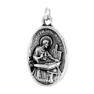 Picture of Sterling Silver St Joseph and St Dymphna Medal Necklace Oxidized finish Oval 1.8mm Chain