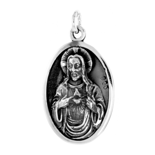 Picture of Sterling Silver Sacred Heart and Virgin of Carmel Medal Necklace Oxidized finish Oval 1.8mm Chain
